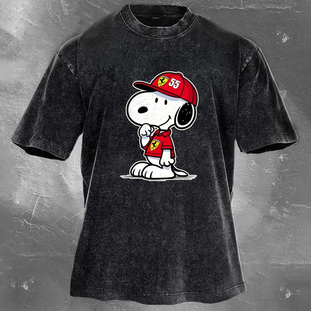 Cartoon Racing Driver Print Retro Washed Casual T-Shirt 05