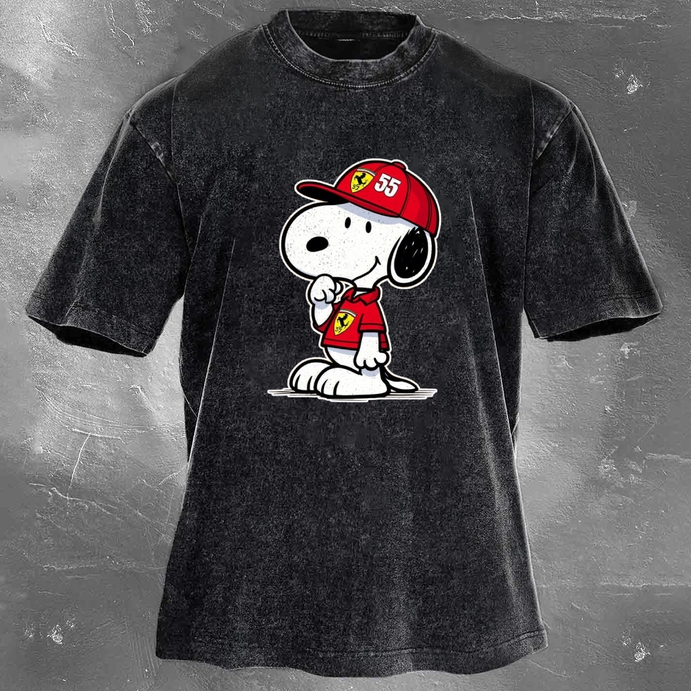 Cartoon Racing Driver Print Retro Washed Casual T-Shirt 05