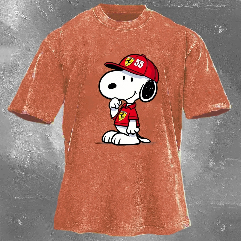 Cartoon Racing Driver Print Retro Washed Casual T-Shirt 05