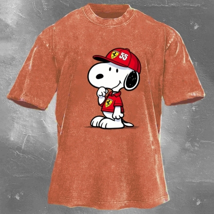 Cartoon Racing Driver Print Retro Washed Casual T-Shirt 05