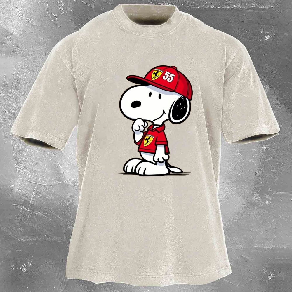 Cartoon Racing Driver Print Retro Washed Casual T-Shirt 05