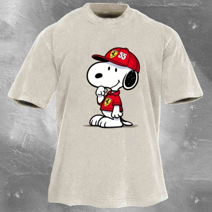 Cartoon Racing Driver Print Retro Washed Casual T-Shirt 05