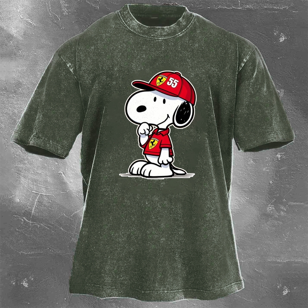 Cartoon Racing Driver Print Retro Washed Casual T-Shirt 05