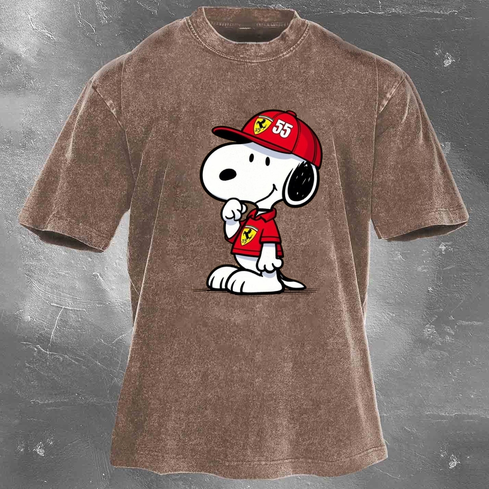 Cartoon Racing Driver Print Retro Washed Casual T-Shirt 05