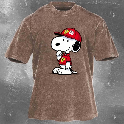 Cartoon Racing Driver Print Retro Washed Casual T-Shirt 05