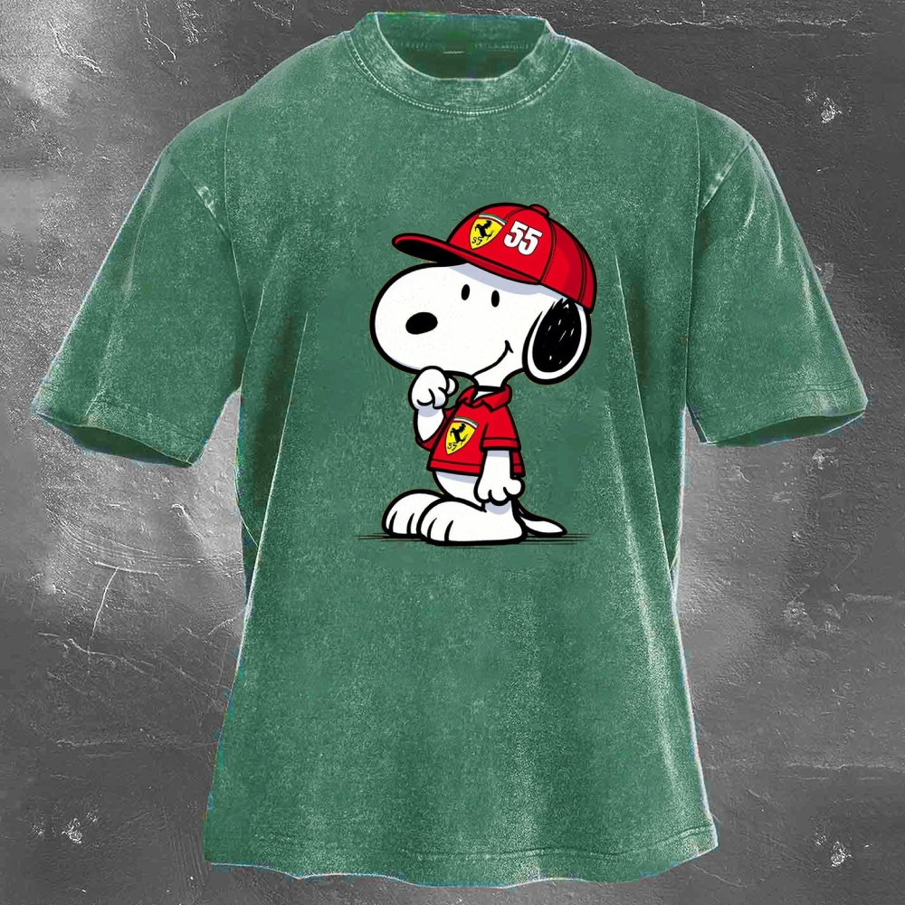 Cartoon Racing Driver Print Retro Washed Casual T-Shirt 05