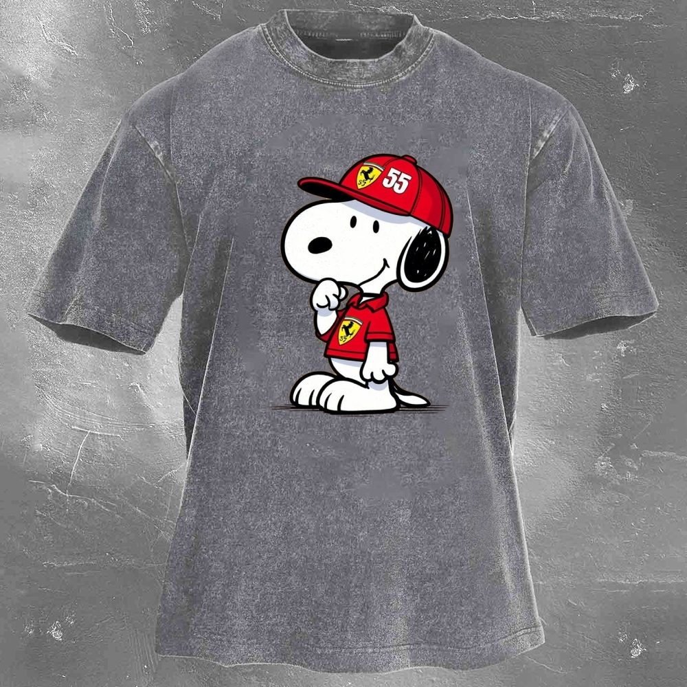 Cartoon Racing Driver Print Retro Washed Casual T-Shirt 05
