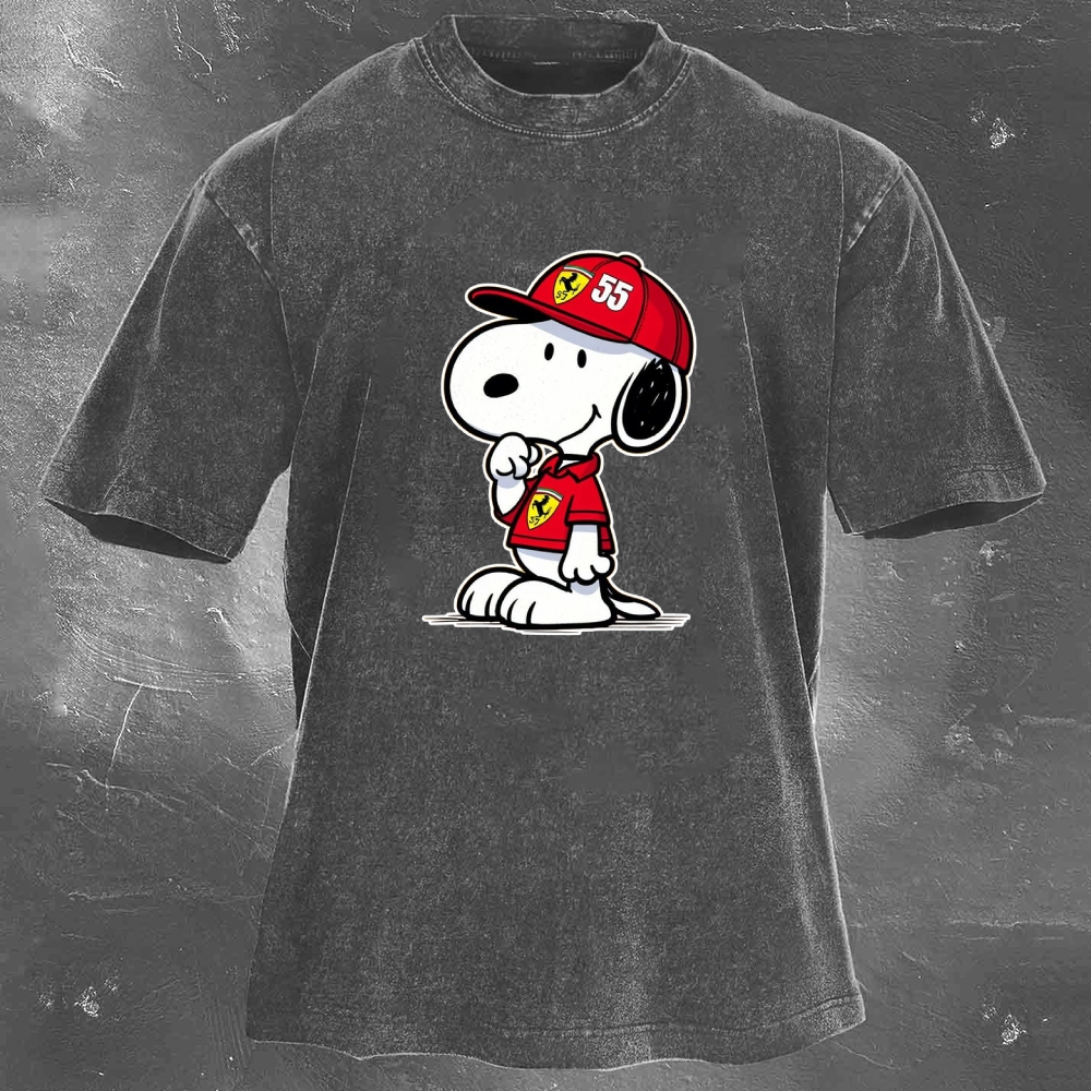 Cartoon Racing Driver Print Retro Washed Casual T-Shirt 05