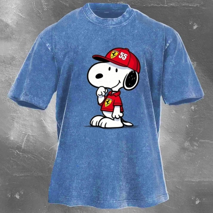 Cartoon Racing Driver Print Retro Washed Casual T-Shirt 05