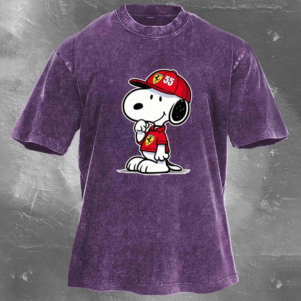 Cartoon Racing Driver Print Retro Washed Casual T-Shirt 05