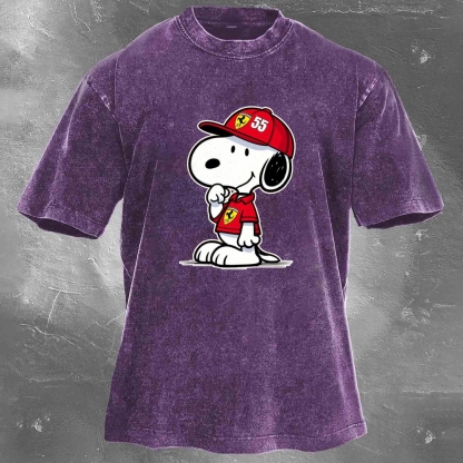 Cartoon Racing Driver Print Retro Washed Casual T-Shirt 05