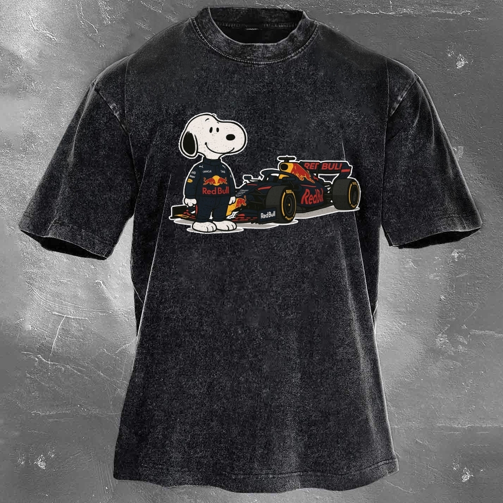 Cartoon Racing Driver Print Retro Washed Casual T-Shirt 04