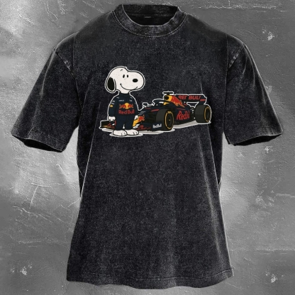 Cartoon Racing Driver Print Retro Washed Casual T-Shirt 04