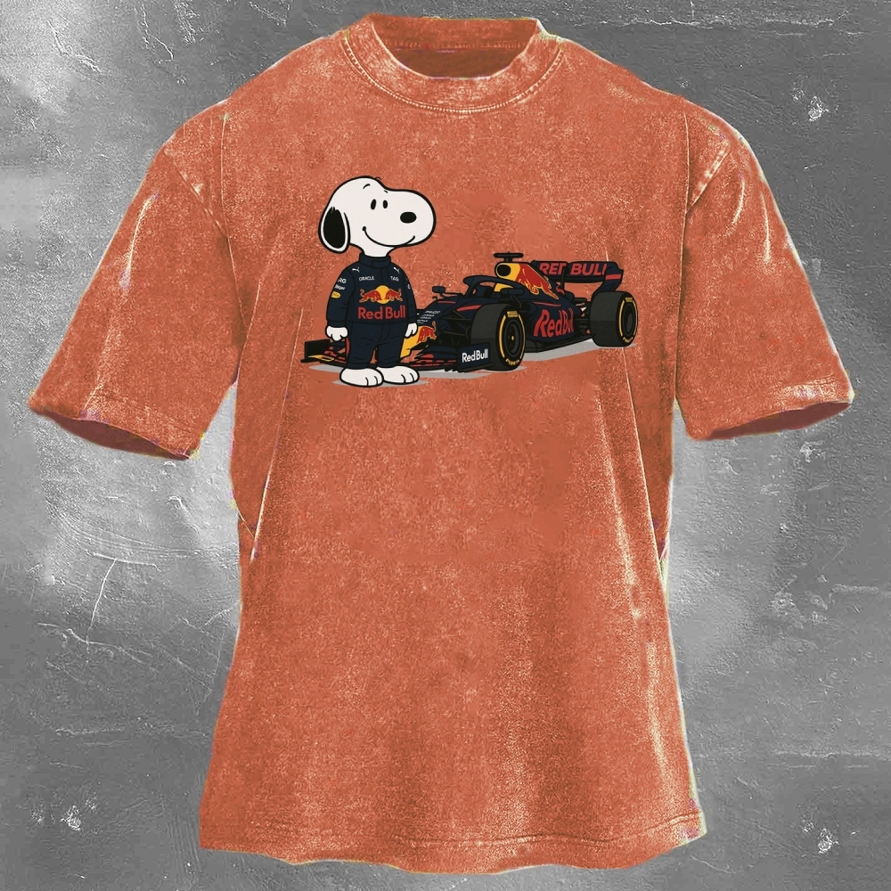 Cartoon Racing Driver Print Retro Washed Casual T-Shirt 04