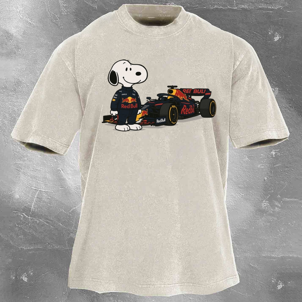 Cartoon Racing Driver Print Retro Washed Casual T-Shirt 04