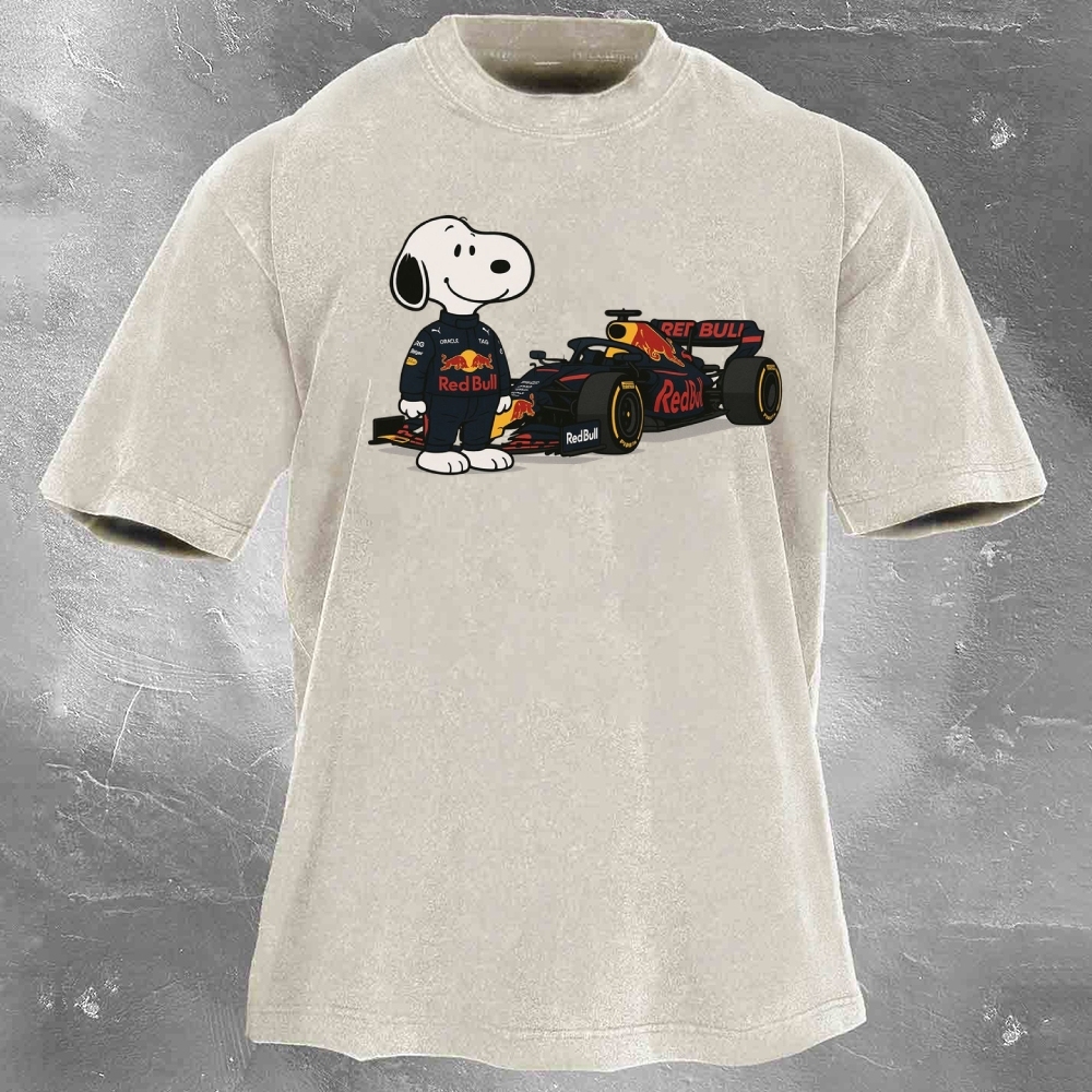 Cartoon Racing Driver Print Retro Washed Casual T-Shirt 04