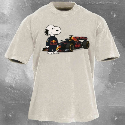 Cartoon Racing Driver Print Retro Washed Casual T-Shirt 04