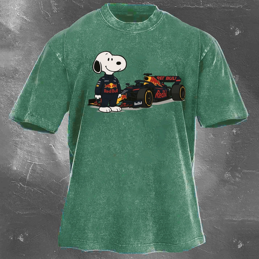 Cartoon Racing Driver Print Retro Washed Casual T-Shirt 04