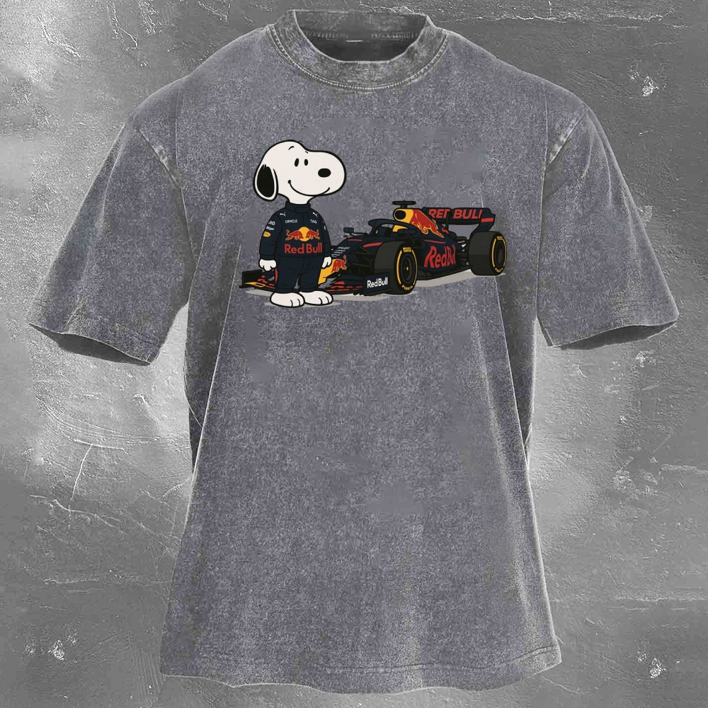 Cartoon Racing Driver Print Retro Washed Casual T-Shirt 04