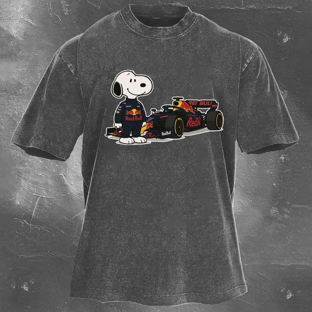 Cartoon Racing Driver Print Retro Washed Casual T-Shirt 04