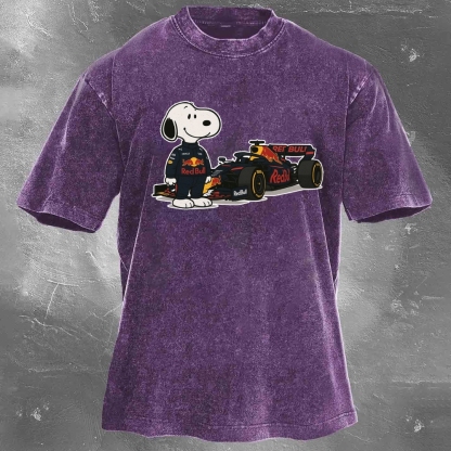 Cartoon Racing Driver Print Retro Washed Casual T-Shirt 04