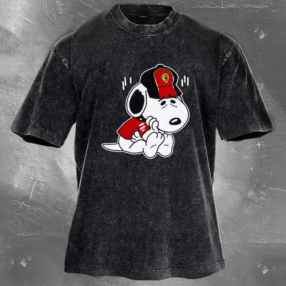 Cartoon Racing Driver Print Retro Washed Casual T-Shirt 03