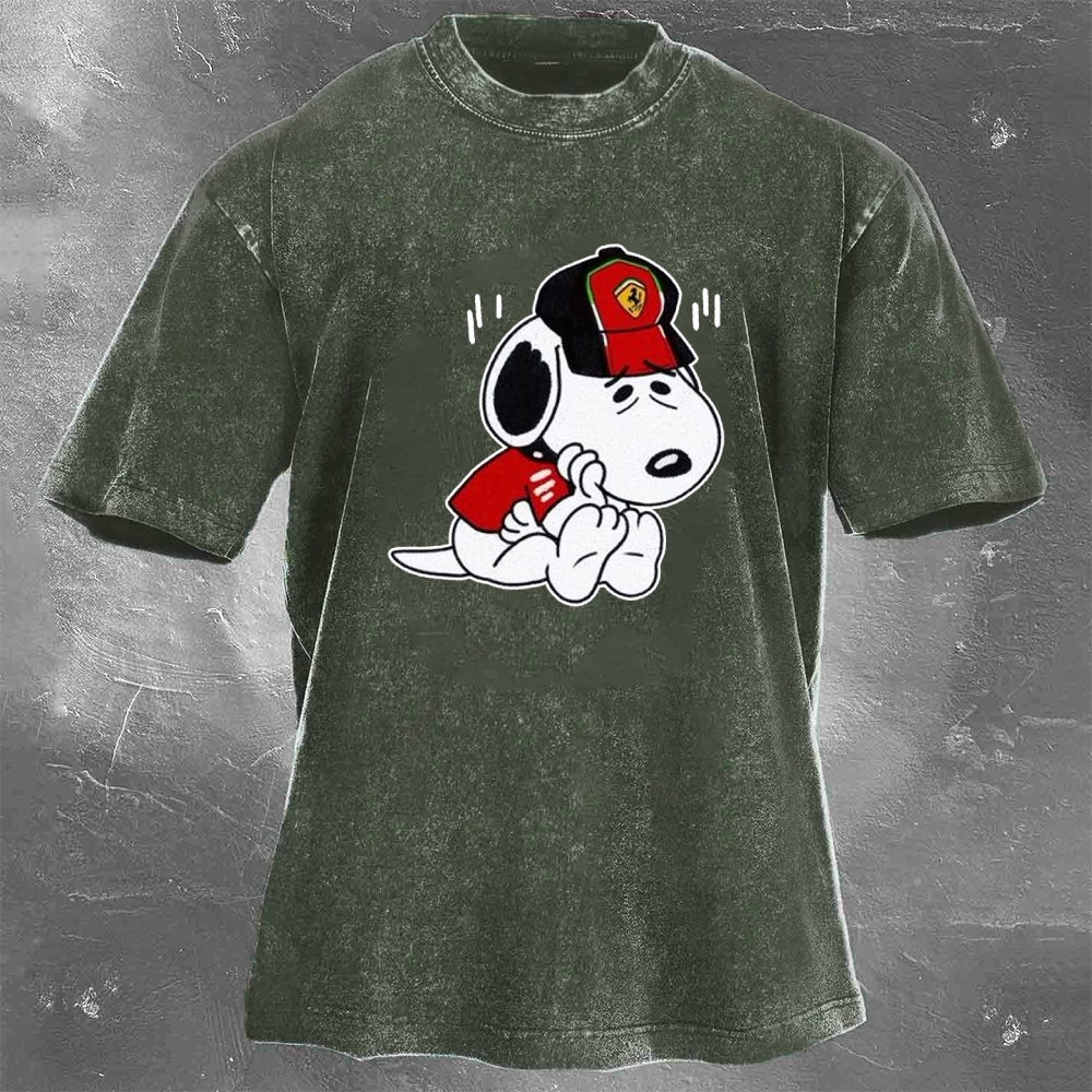 Cartoon Racing Driver Print Retro Washed Casual T-Shirt 03