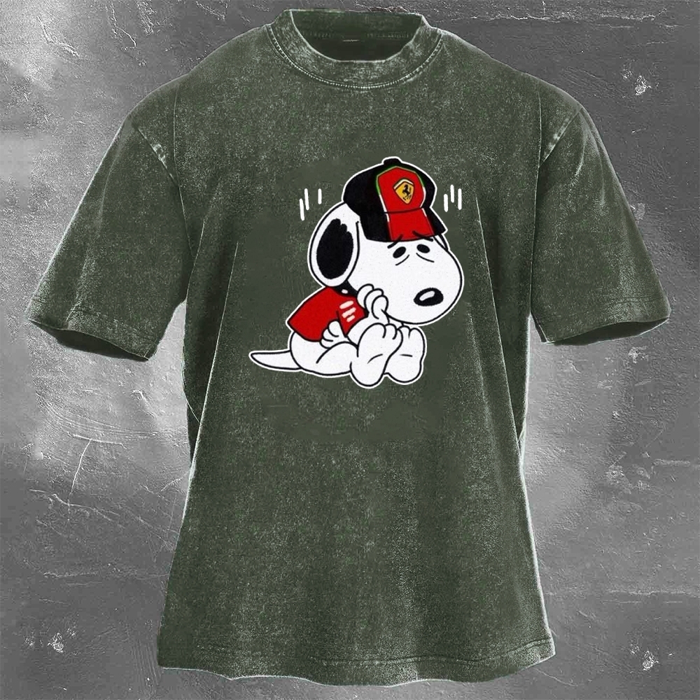 Cartoon Racing Driver Print Retro Washed Casual T-Shirt 03