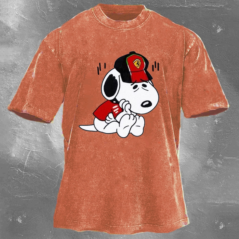 Cartoon Racing Driver Print Retro Washed Casual T-Shirt 03