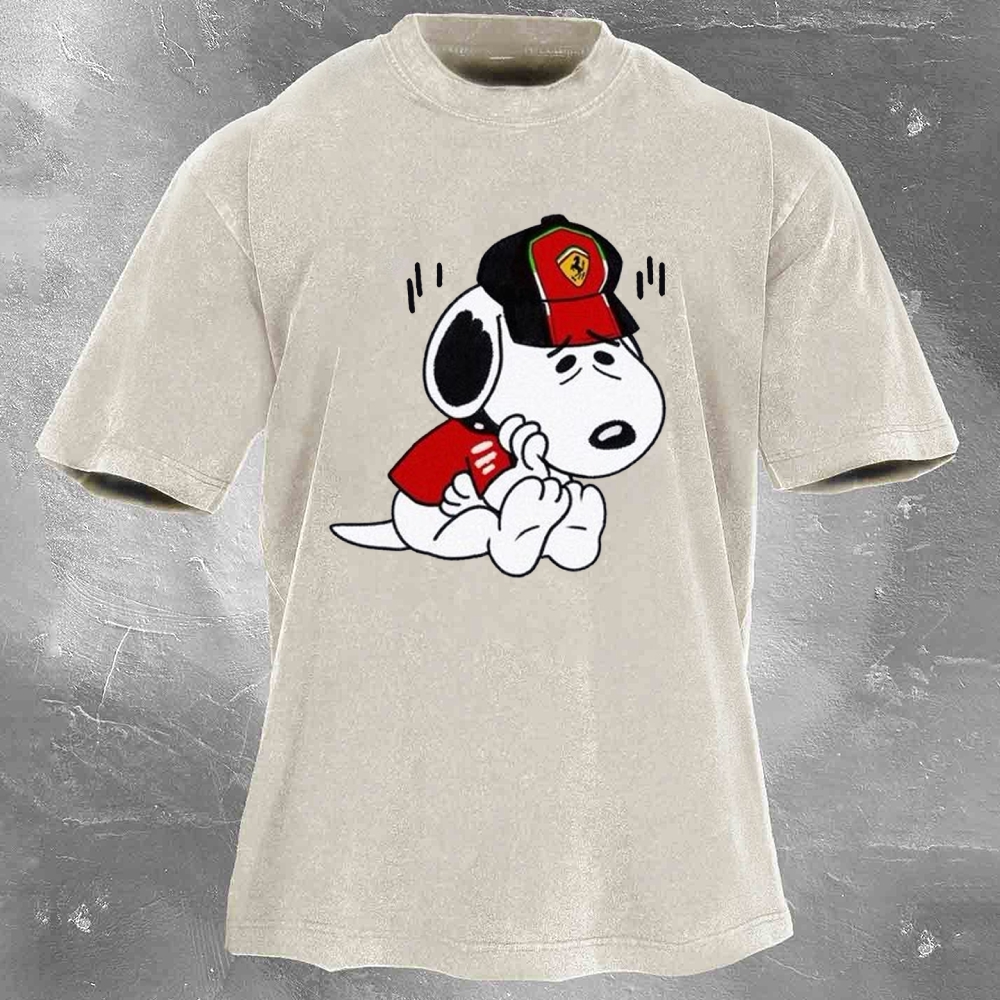 Cartoon Racing Driver Print Retro Washed Casual T-Shirt 03