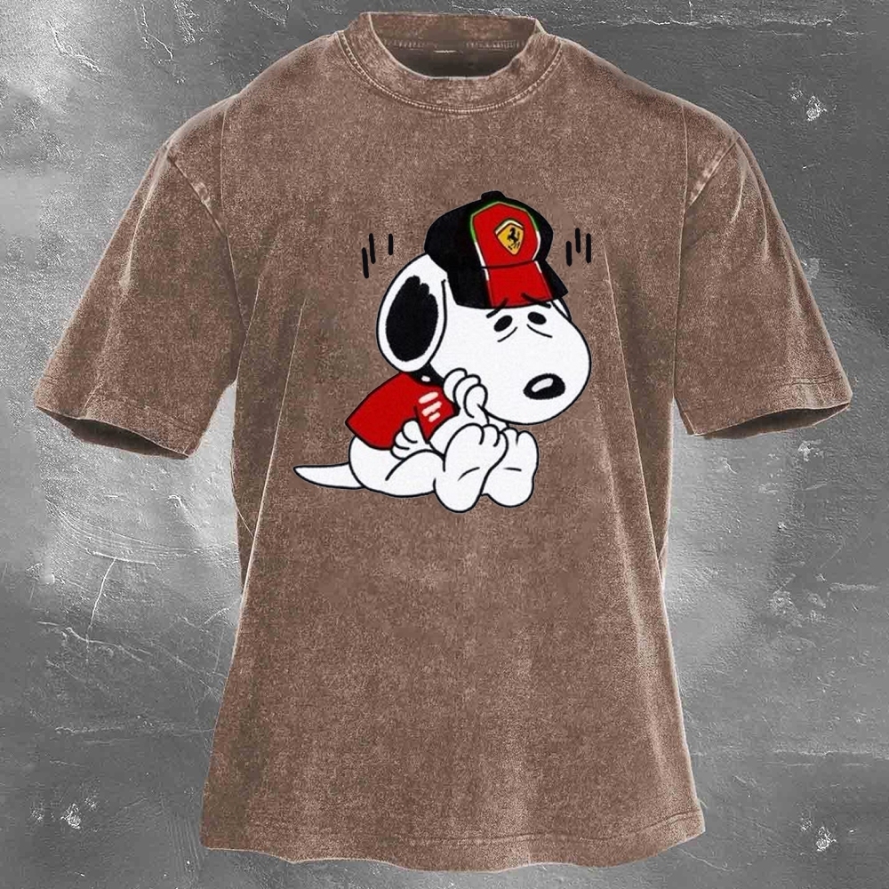 Cartoon Racing Driver Print Retro Washed Casual T-Shirt 03