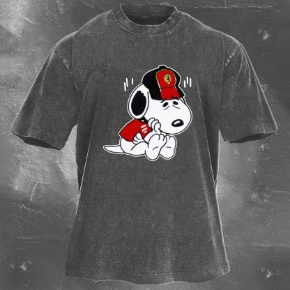 Cartoon Racing Driver Print Retro Washed Casual T-Shirt 03