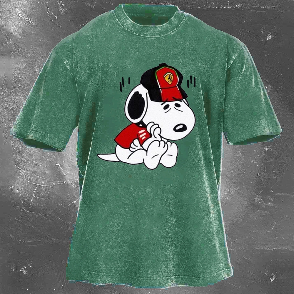 Cartoon Racing Driver Print Retro Washed Casual T-Shirt 03