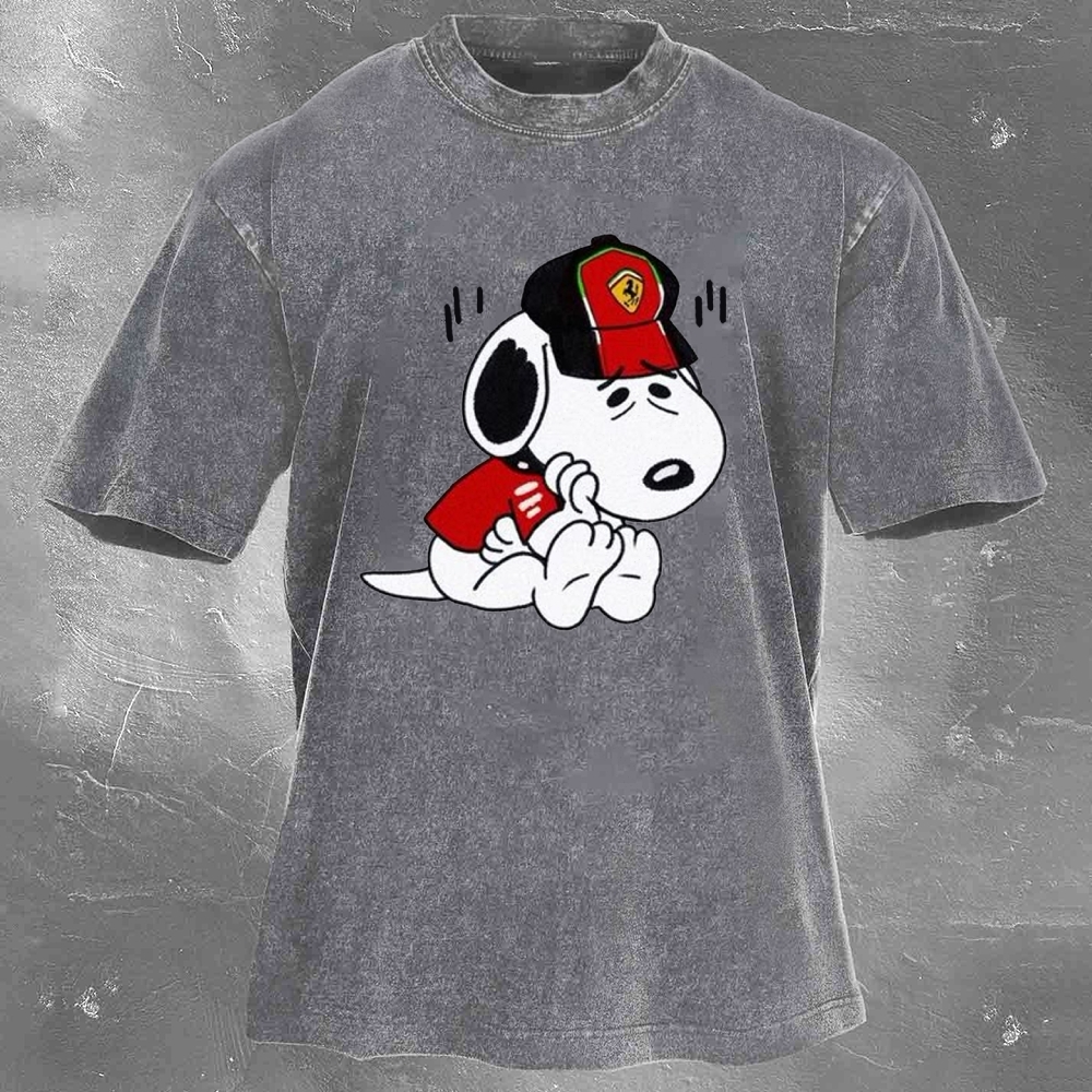 Cartoon Racing Driver Print Retro Washed Casual T-Shirt 03