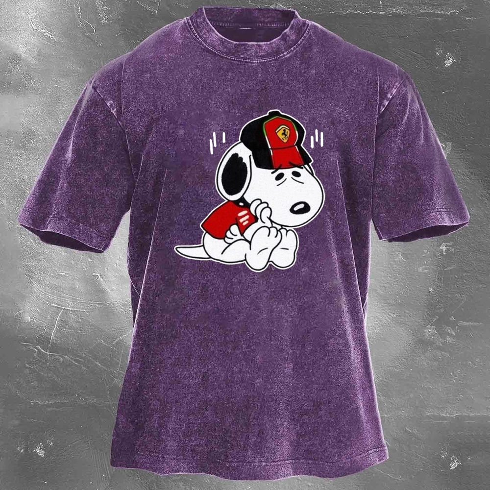 Cartoon Racing Driver Print Retro Washed Casual T-Shirt 03