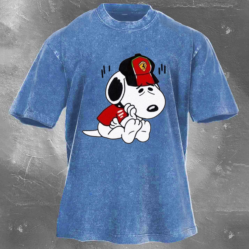 Cartoon Racing Driver Print Retro Washed Casual T-Shirt 03