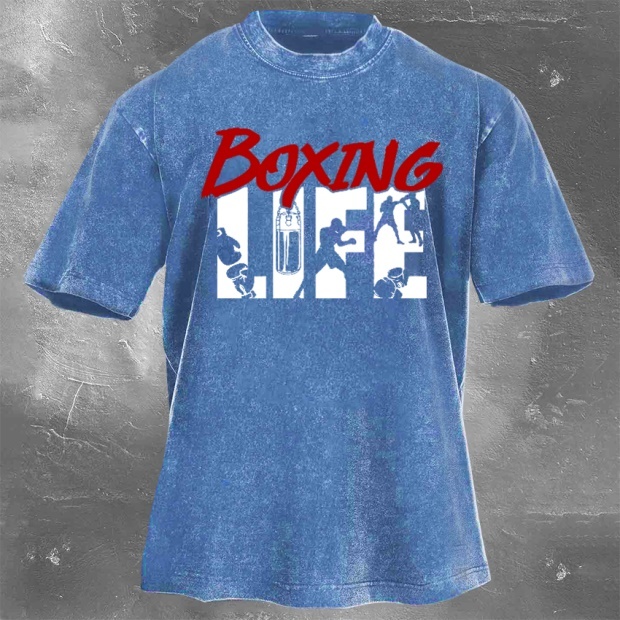 Street Fitness Boxing Print Washed Vintage Short Sleeve 07