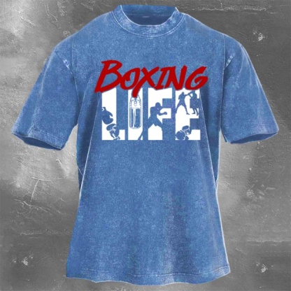 Street Fitness Boxing Print Washed Vintage Short Sleeve 07