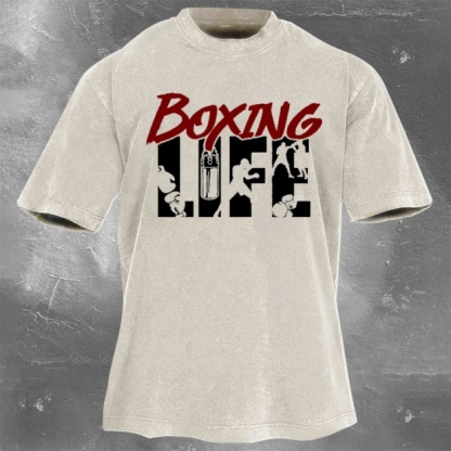 Street Fitness Boxing Print Washed Vintage Short Sleeve 07