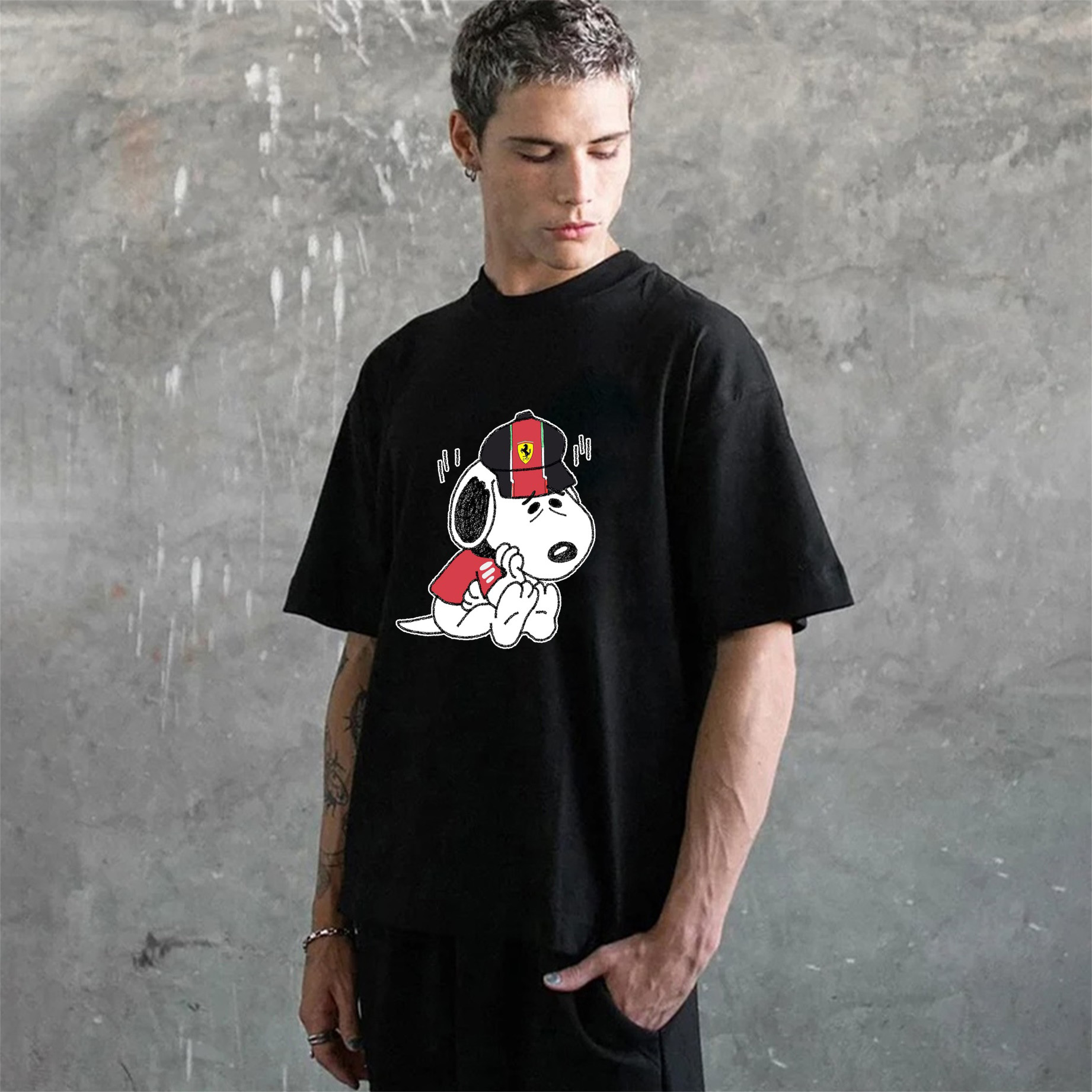 Cartoon Character Print × Racing Print Street Casual Cotton T-Shirt 03