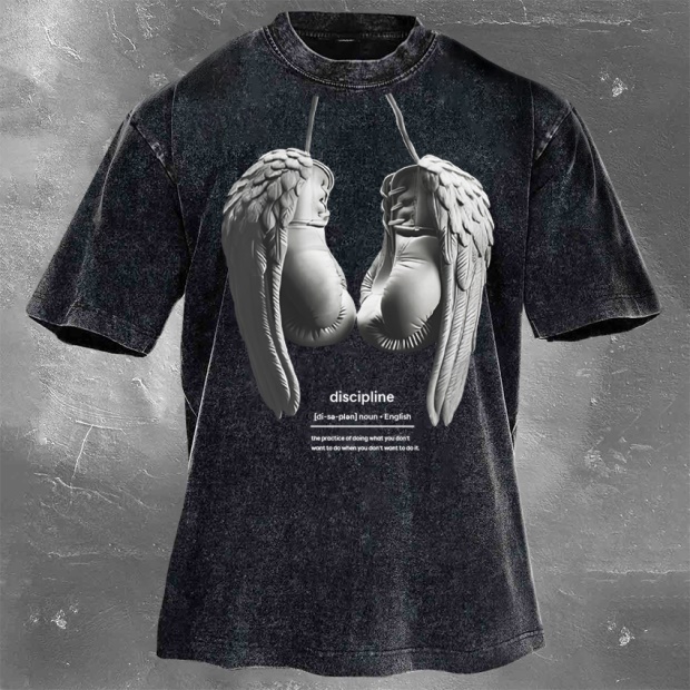 Street Fitness Boxing Print Washed Vintage Short Sleeve 02