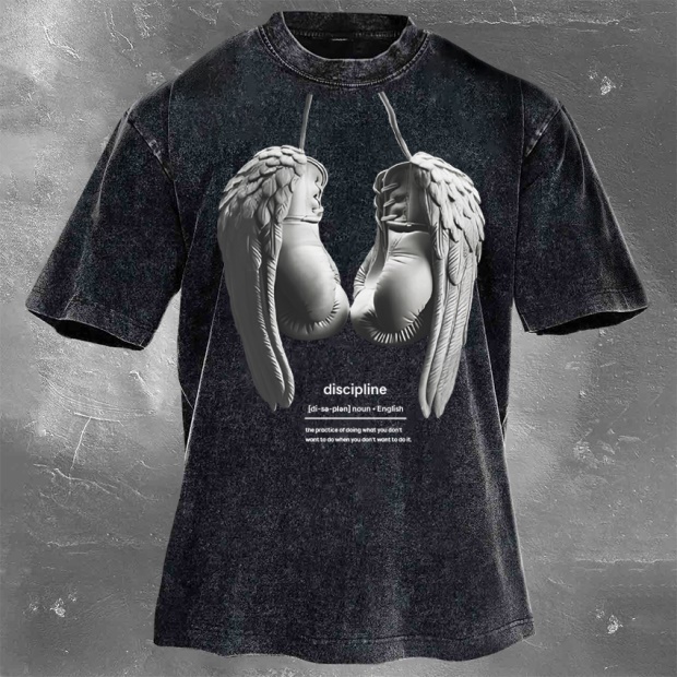 Street Fitness Boxing Print Washed Vintage Short Sleeve 02