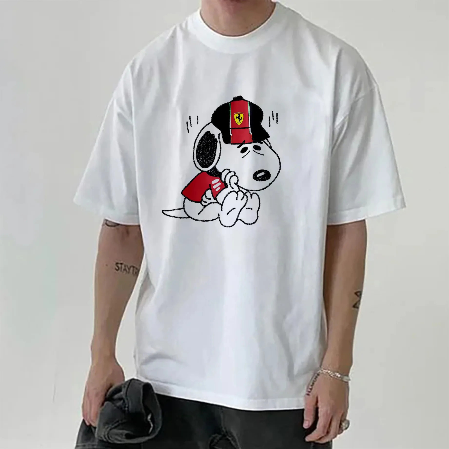 Cartoon Character Print × Racing Print Street Casual Cotton T-Shirt 03