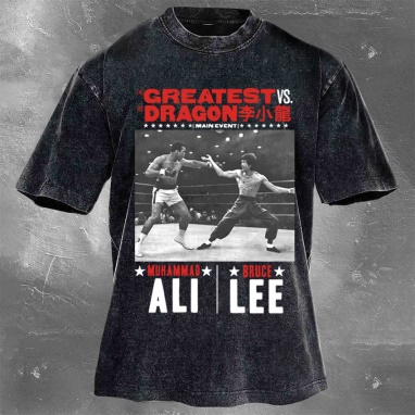 Star Fighter Muhammad Ali Vs Bruce Lee Printed Washed Retro Casual Short Sleeves