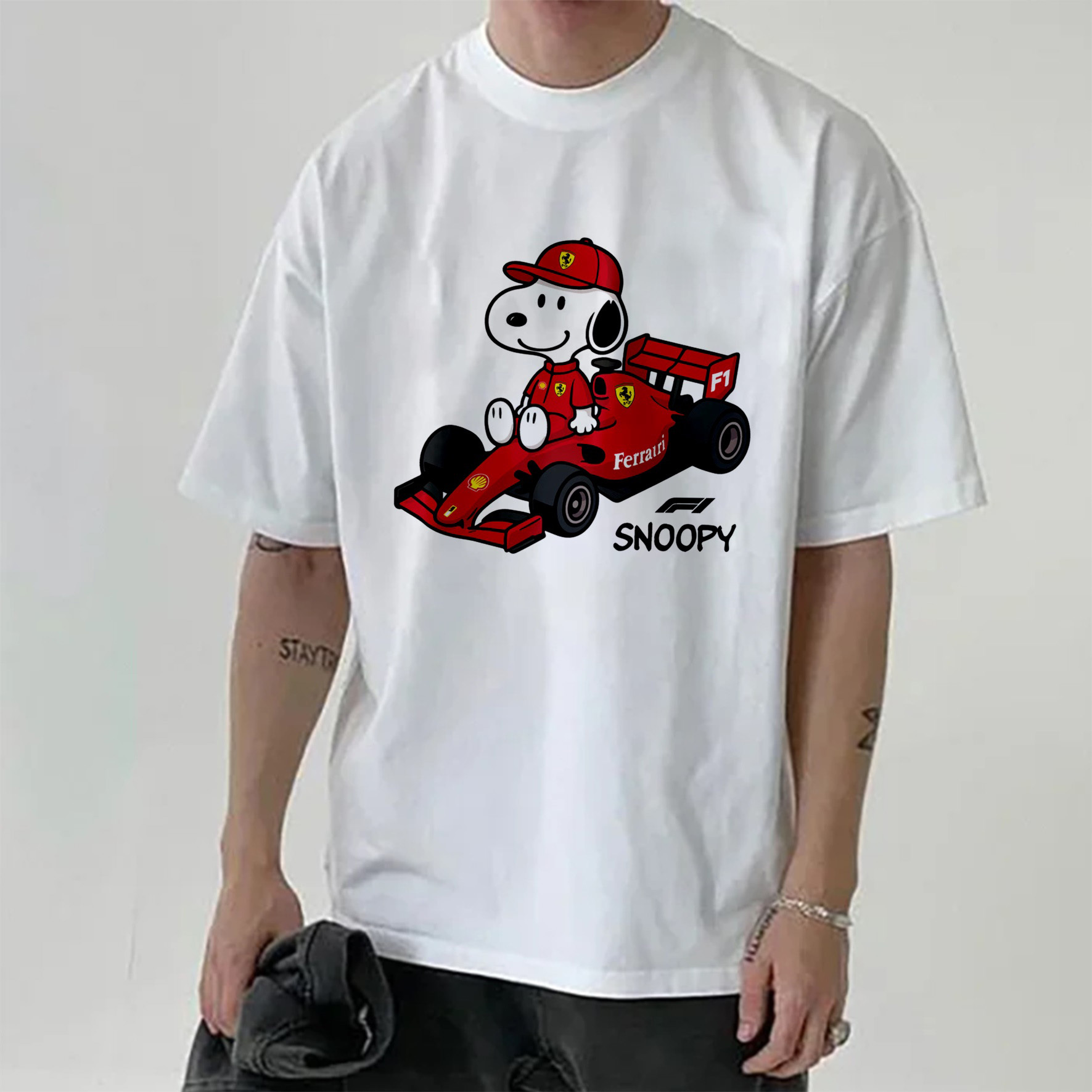 Cartoon Character Print × Racing Print Street Casual Cotton T-Shirt 08