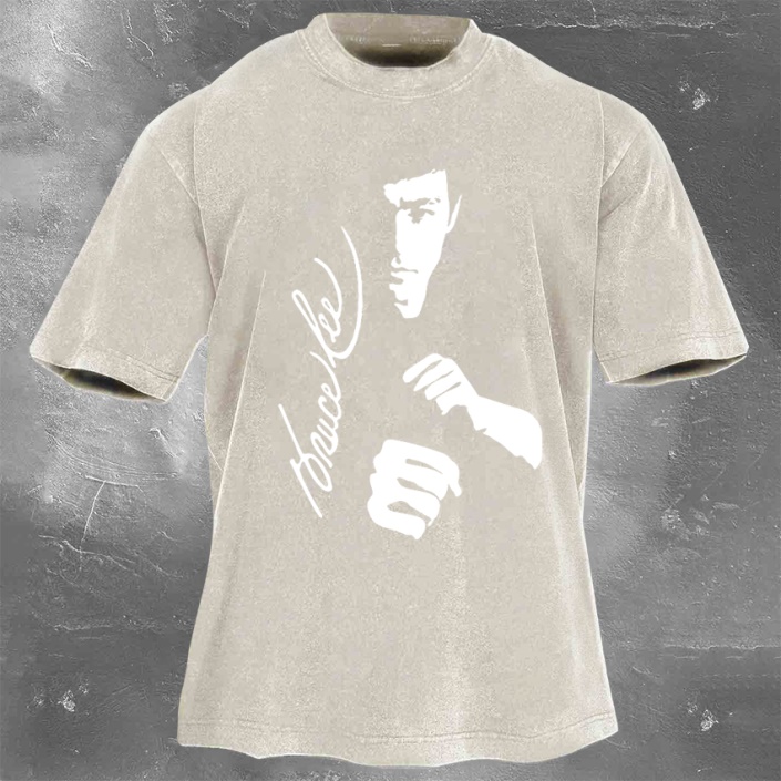 Bruce Lee Print Washed Retro Casual Short Sleeve 08