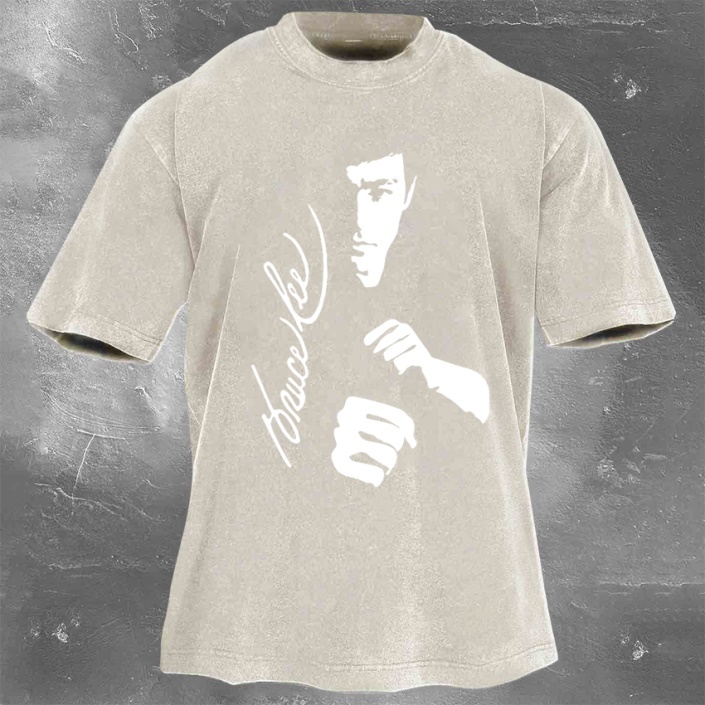 Bruce Lee Print Washed Retro Casual Short Sleeve 08