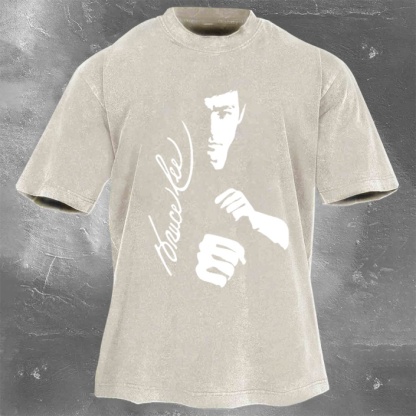 Bruce Lee Print Washed Retro Casual Short Sleeve 08