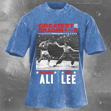 Star Fighter Muhammad Ali Vs Bruce Lee Printed Washed Retro Casual Short Sleeves