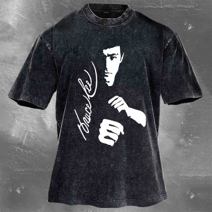 Bruce Lee Print Washed Retro Casual Short Sleeve 08